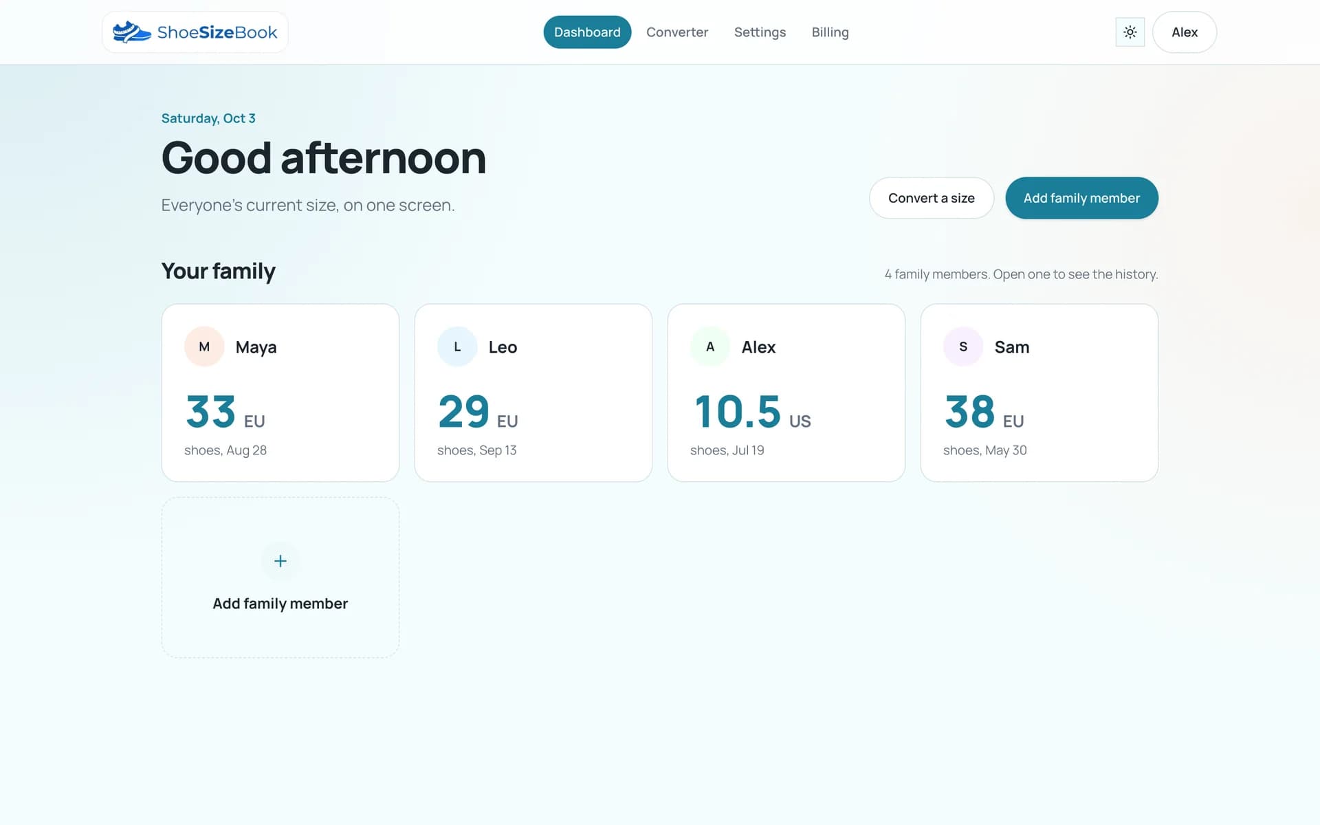 ShoeSizeBook dashboard in a desktop browser with four family profiles
