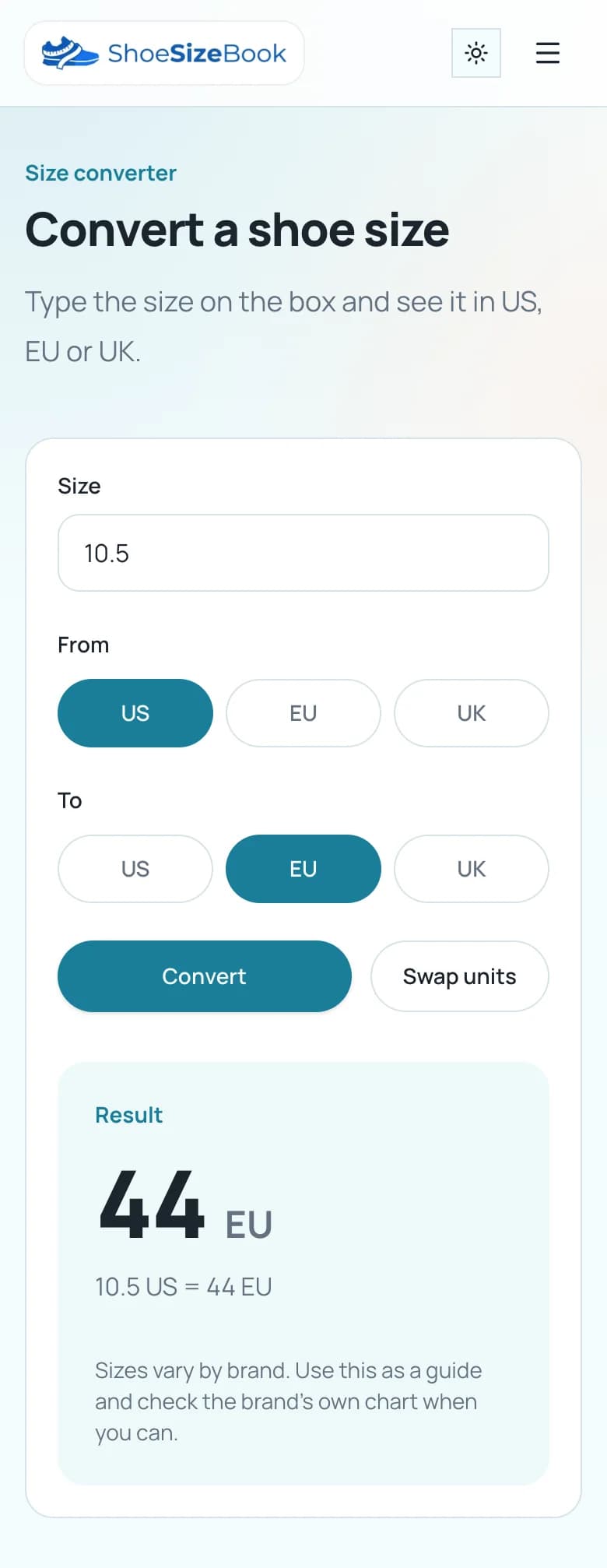Size converter showing US 10.5 equals EU 44
