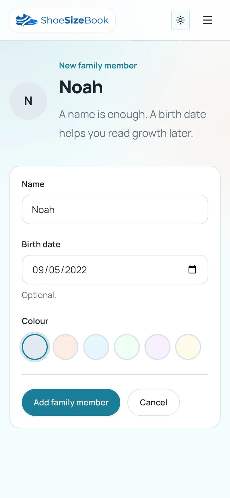 Add family member screen with the name Noah and a birth date entered